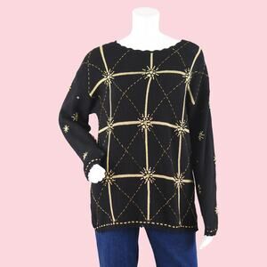 Vintage Holiday Sweater, Black & Gold Christmas Knitwear, Women's Small